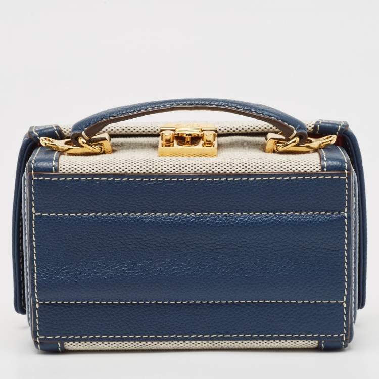 Pre Owned Mark Cross Navy Blue/White Canvas and Leather Box Belt Convertible Bag