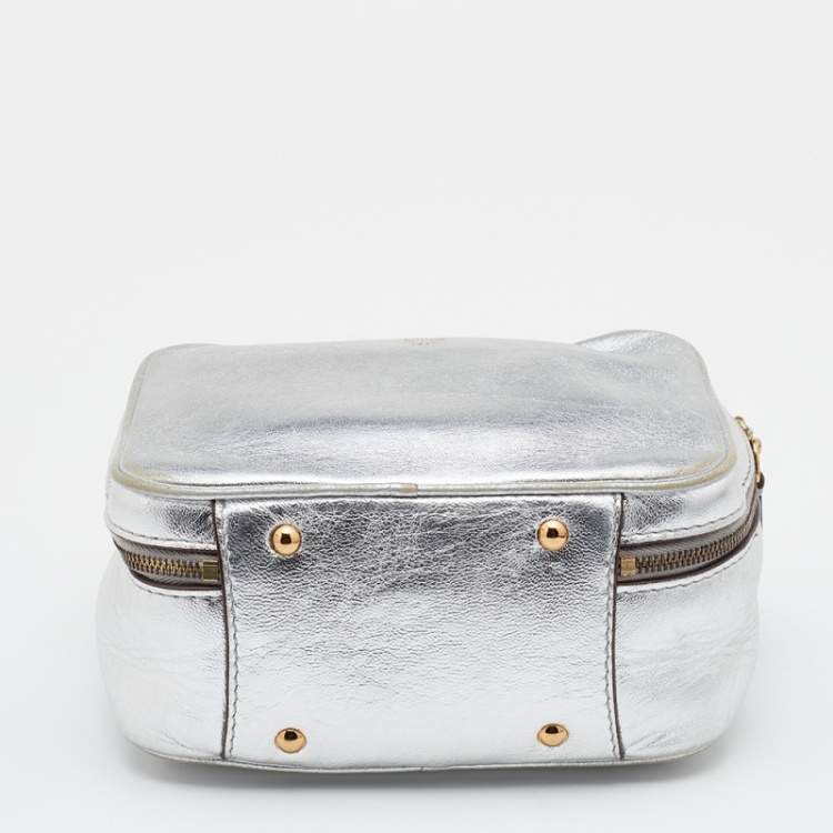Pre Owned Mark Cross Metallic Silver Leather Baby Laura Top Handle Bag