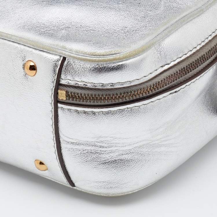 Pre Owned Mark Cross Metallic Silver Leather Baby Laura Top Handle Bag