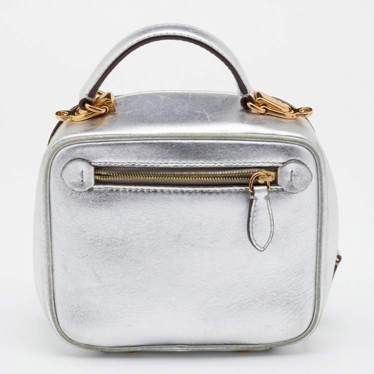 Pre Owned Mark Cross Metallic Silver Leather Baby Laura Top Handle Bag