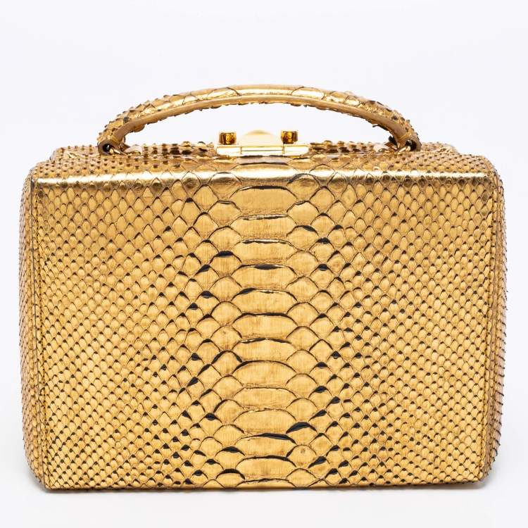 Pre Owned Mark Cross Gold Python Small Grace Box Bag