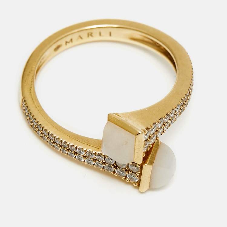 Pre Owned Marli Cleo Moonstone Diamonds 18k Yellow Gold Ring Size 52 