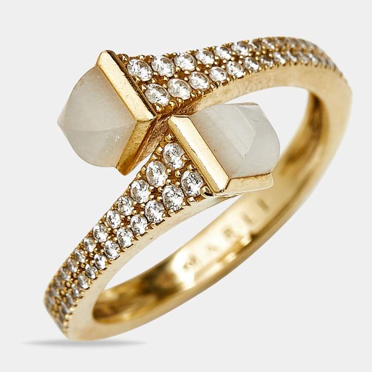 Pre Owned Marli Cleo Moonstone Diamonds 18k Yellow Gold Ring Size 52 