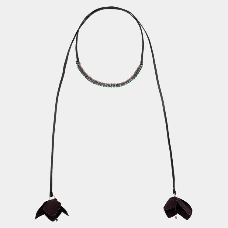 Pre Owned Marni Flower Fabric Crystal Leather Wrap Necklace