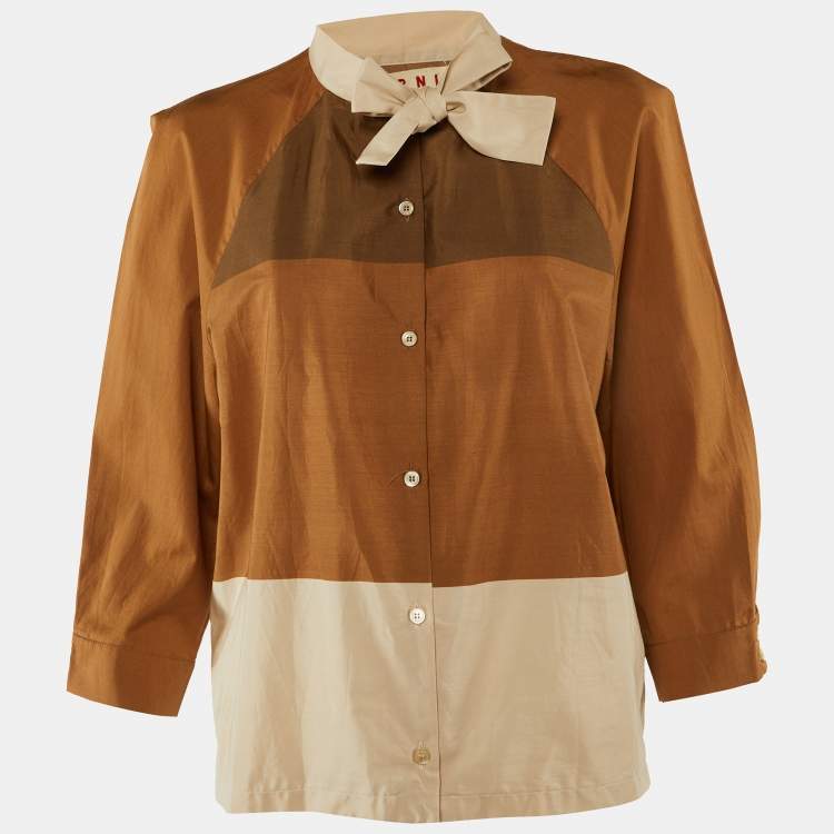 Pre Owned Marni Brown Cotton Cut-and-Sew Detail Tie-Up Neck Blouse L