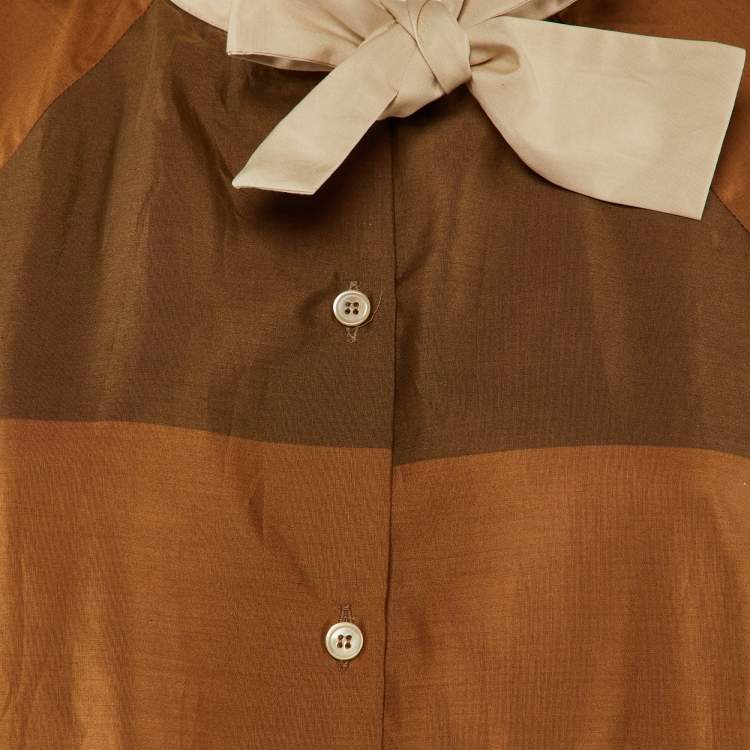 Pre Owned Marni Brown Cotton Cut-and-Sew Detail Tie-Up Neck Blouse L