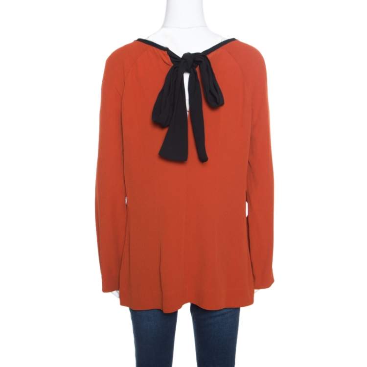 Pre Owned Marni Burnt Orange Crepe Contrast Neck Tie Long Sleeve Top M