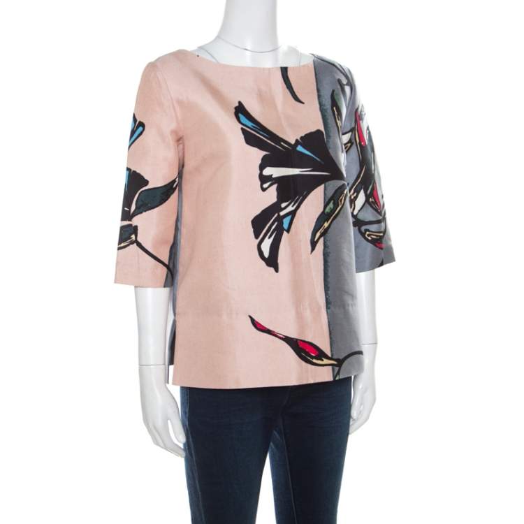 Pre Owned Marni Pink and Grey Floral Printed Cotton and Silk Oversized Top S