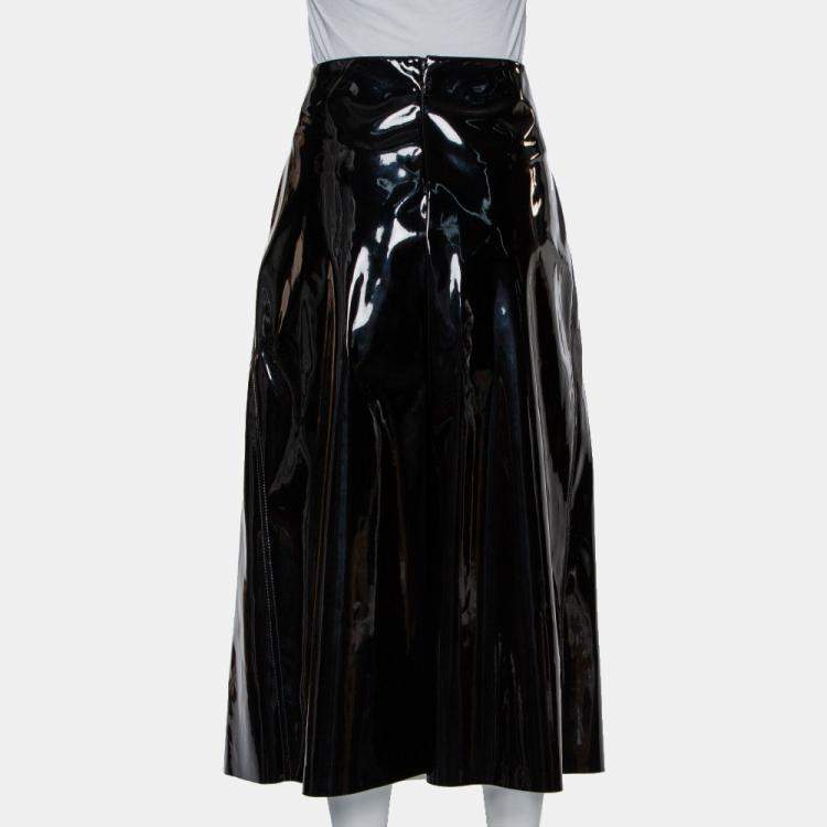 Pre Owned Marni Black Faux Patent Leather Hanging Thread Detail Midi Skirt M