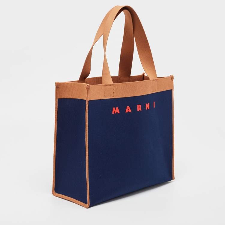 Pre Owned Marni Navy Blue/Brown Knit Fabric Medium Shopper Tote
