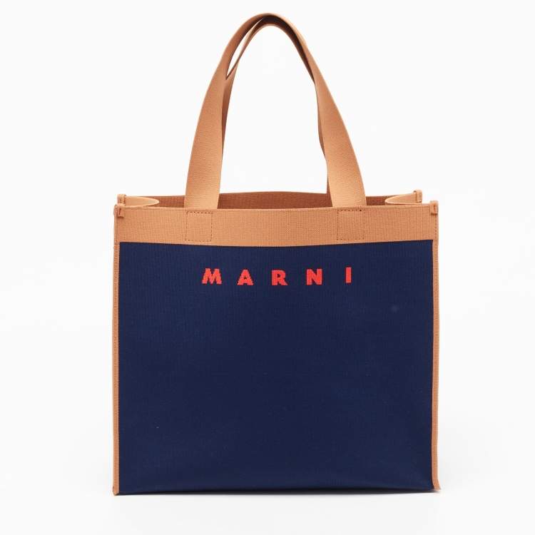 Pre Owned Marni Navy Blue/Brown Knit Fabric Medium Shopper Tote
