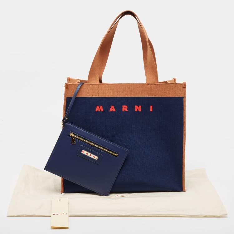 Pre Owned Marni Navy Blue/Brown Knit Fabric Medium Shopper Tote