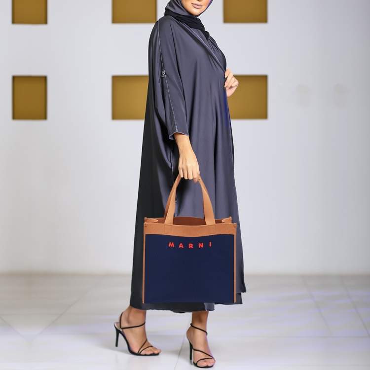 Pre Owned Marni Navy Blue/Brown Knit Fabric Medium Shopper Tote