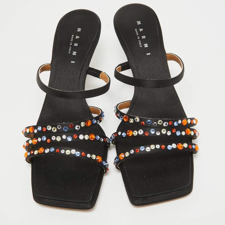 Pre Owned Marni Black Satin Crystal Embellished Slide Sandals Size 40
