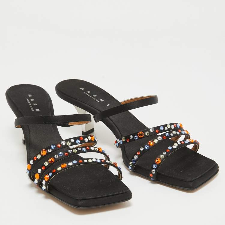 Pre Owned Marni Black Satin Crystal Embellished Slide Sandals Size 40