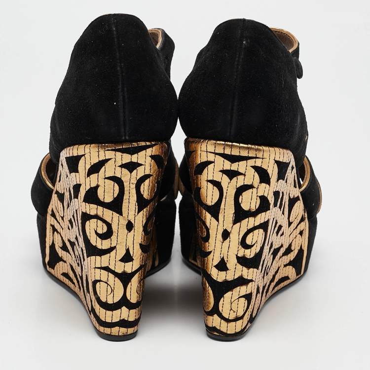 Pre Owned Marni Black/Gold Suede Wedge Ankle Strap Sandals Size 39