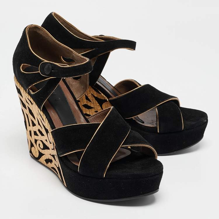 Pre Owned Marni Black/Gold Suede Wedge Ankle Strap Sandals Size 39