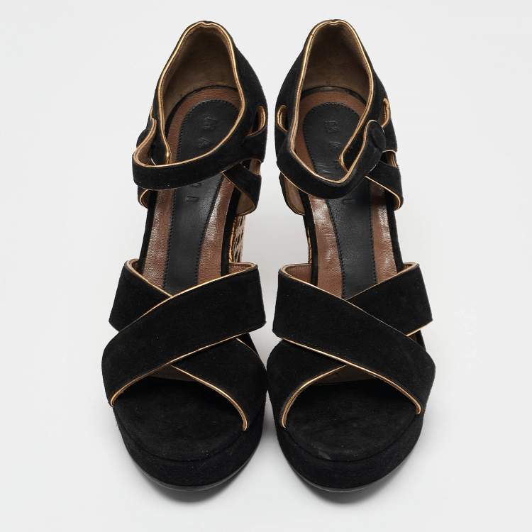 Pre Owned Marni Black/Gold Suede Wedge Ankle Strap Sandals Size 39