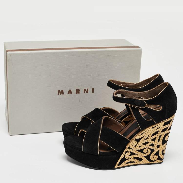 Pre Owned Marni Black/Gold Suede Wedge Ankle Strap Sandals Size 39