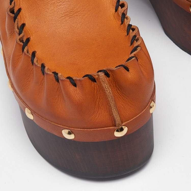 Pre Owned Marni Tan Leather Studded Platform Clogs Size 37