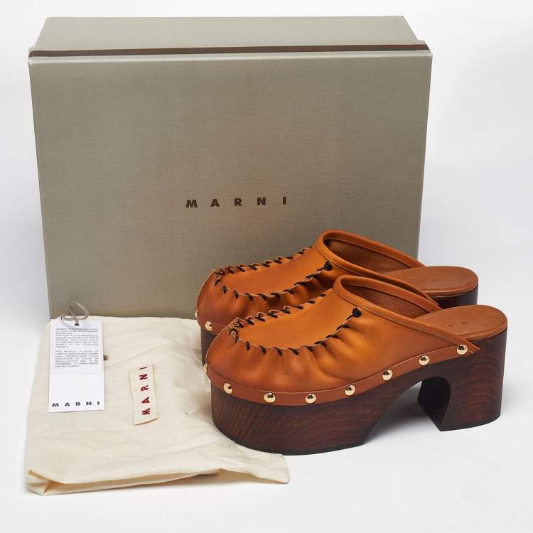 Pre Owned Marni Tan Leather Studded Platform Clogs Size 37