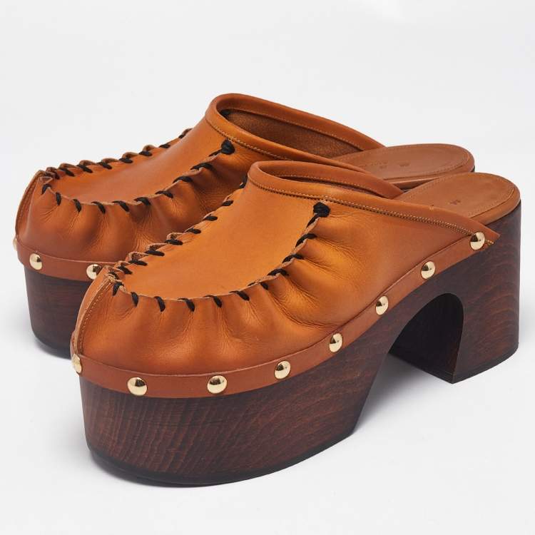 Pre Owned Marni Tan Leather Studded Platform Clogs Size 37