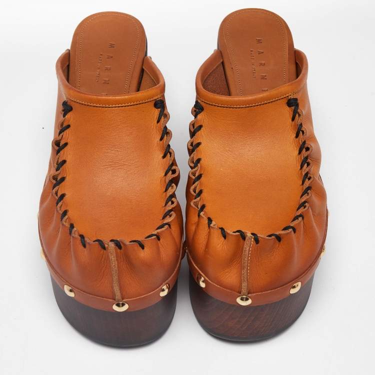 Pre Owned Marni Tan Leather Studded Platform Clogs Size 37