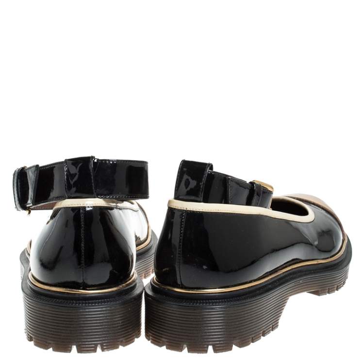 Pre Owned Marni Black and Gold Patent Leather Ankle Strap Ballet Flats Size 39