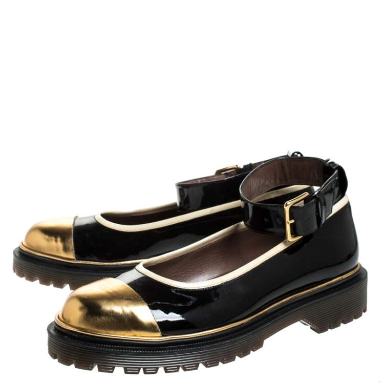 Pre Owned Marni Black and Gold Patent Leather Ankle Strap Ballet Flats Size 39