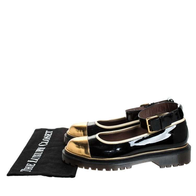 Pre Owned Marni Black and Gold Patent Leather Ankle Strap Ballet Flats Size 39
