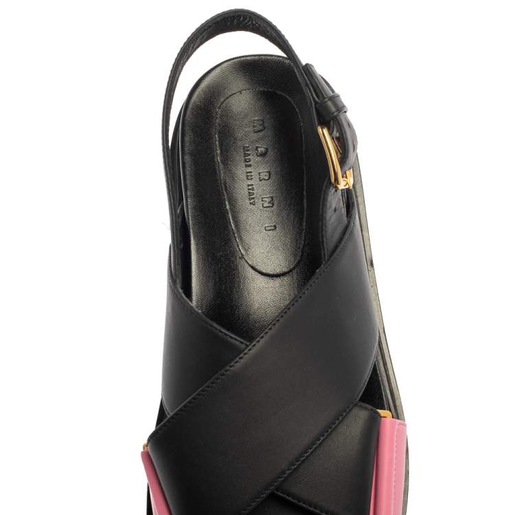 Pre Owned Marni Black/Pink Leather Cross-Strap Sandals Size 39.5