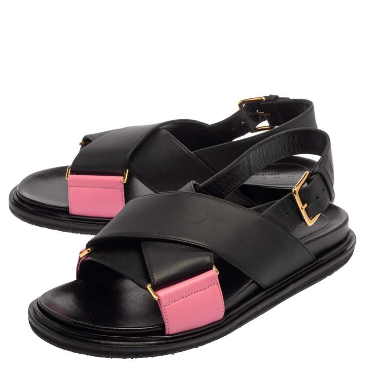 Pre Owned Marni Black/Pink Leather Cross-Strap Sandals Size 39.5