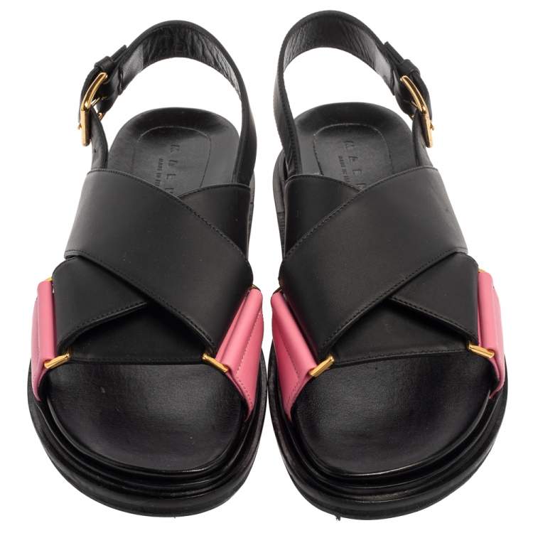 Pre Owned Marni Black/Pink Leather Cross-Strap Sandals Size 39.5