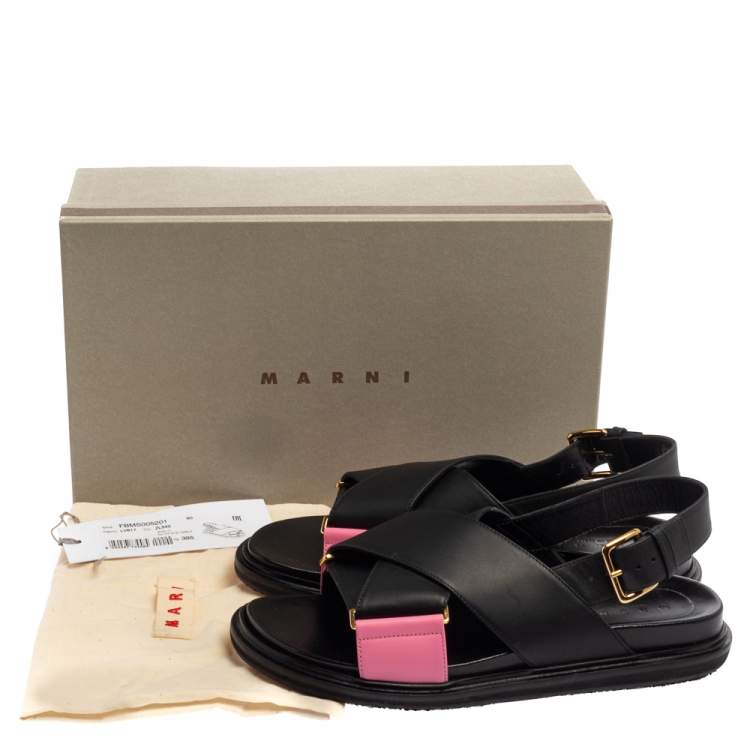 Pre Owned Marni Black/Pink Leather Cross-Strap Sandals Size 39.5