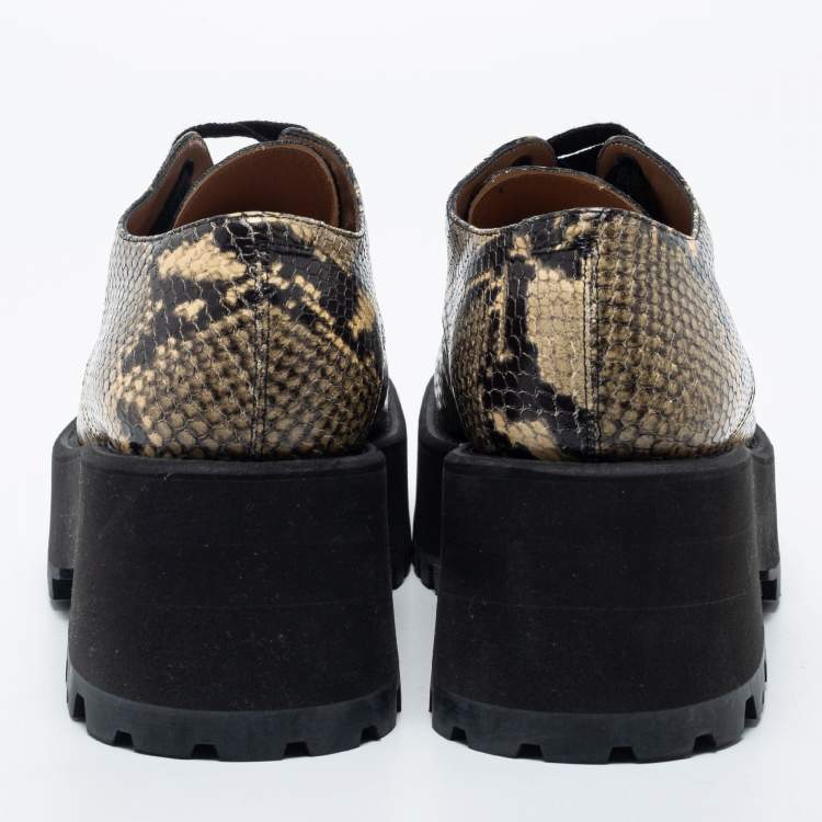 Pre Owned Marni Black/Yellow Snakeskin Embossed Leather Platform Lace Up Derby Size 39