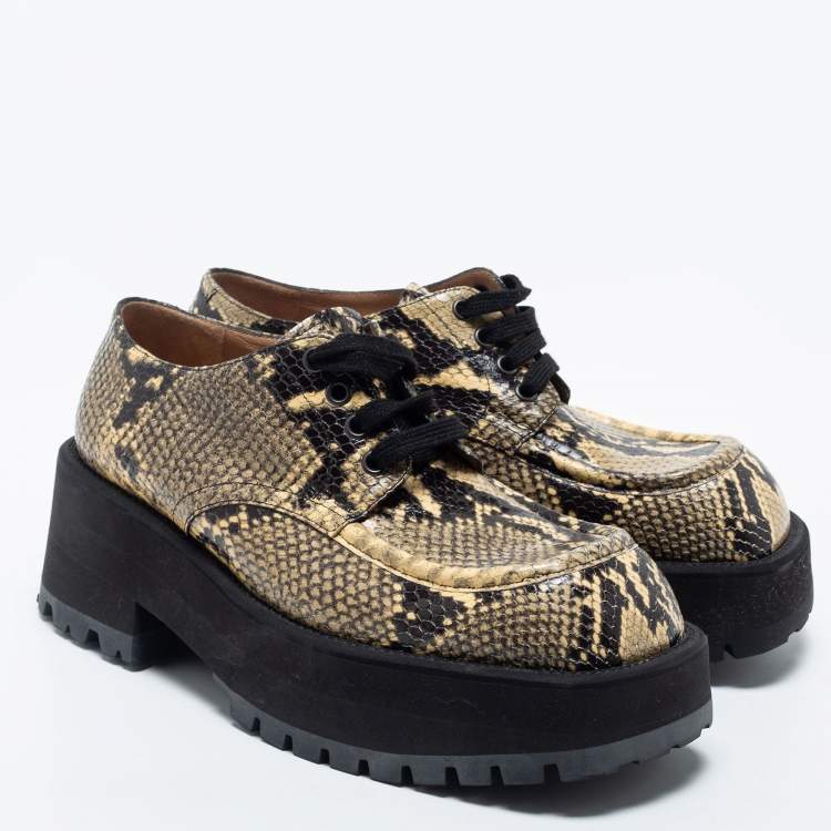 Pre Owned Marni Black/Yellow Snakeskin Embossed Leather Platform Lace Up Derby Size 39