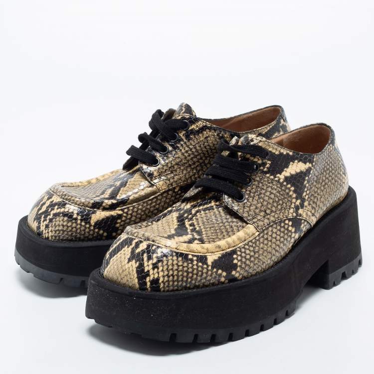 Pre Owned Marni Black/Yellow Snakeskin Embossed Leather Platform Lace Up Derby Size 39