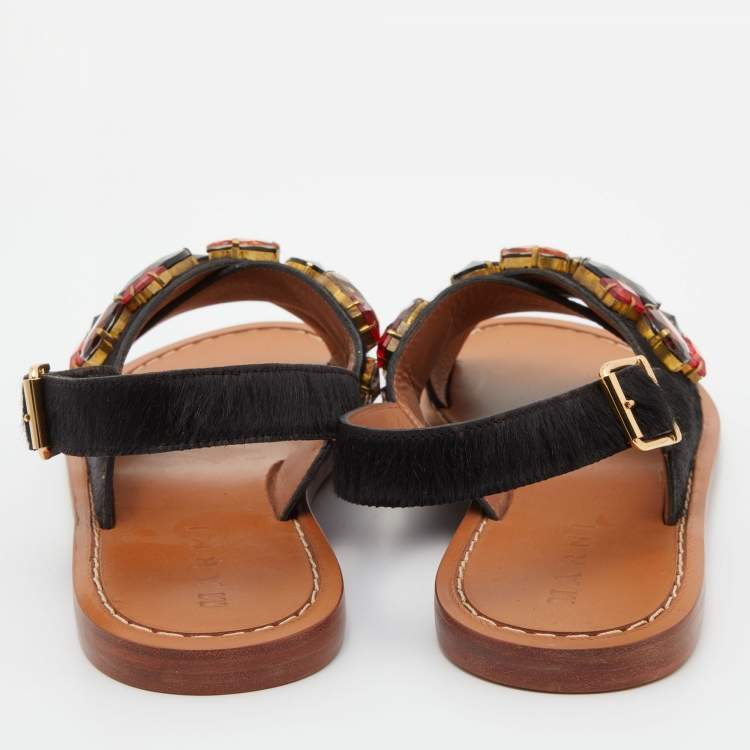 Pre Owned Marni Black Calf Hair Crystal Embellished Slingback Flat Sandals Size 38.5