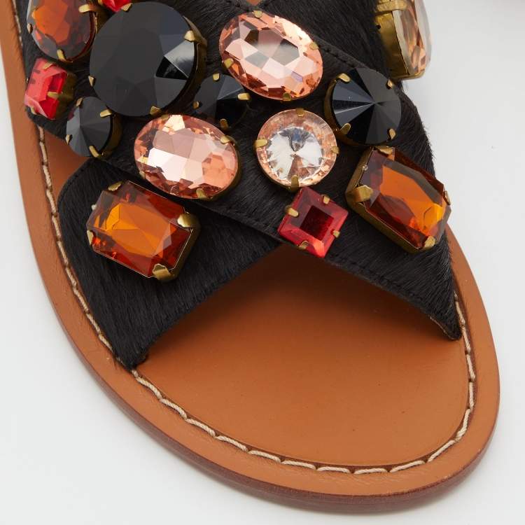 Pre Owned Marni Black Calf Hair Crystal Embellished Slingback Flat Sandals Size 38.5