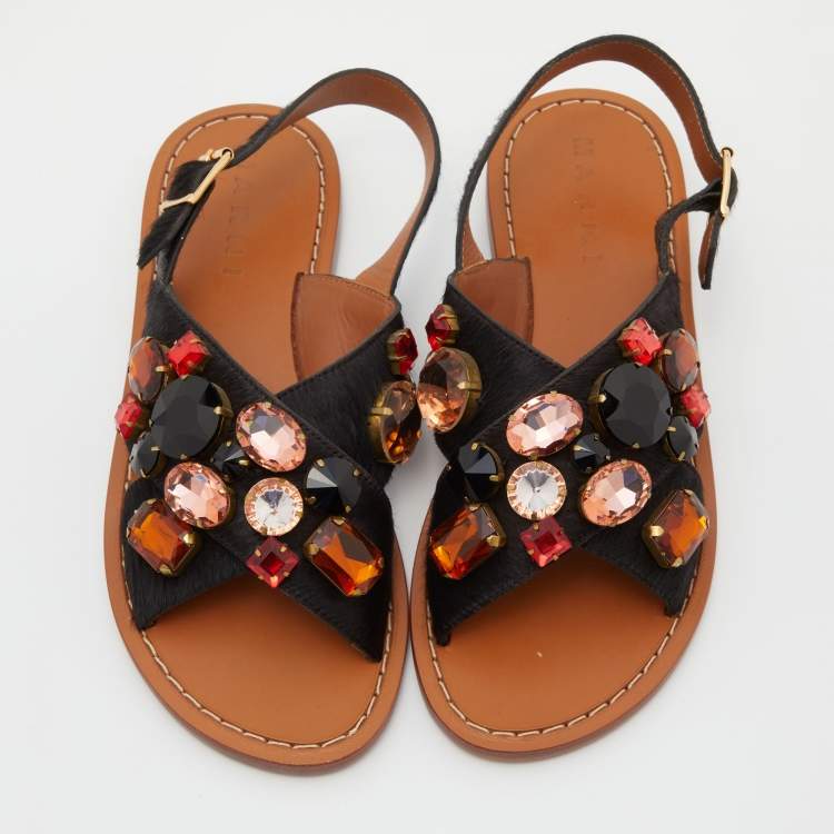 Pre Owned Marni Black Calf Hair Crystal Embellished Slingback Flat Sandals Size 38.5