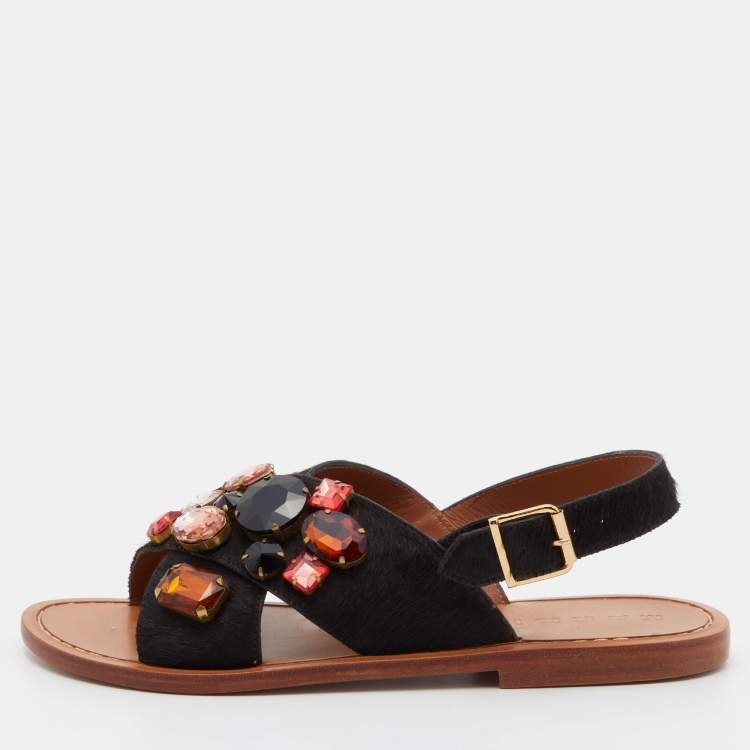 Pre Owned Marni Black Calf Hair Crystal Embellished Slingback Flat Sandals Size 38.5