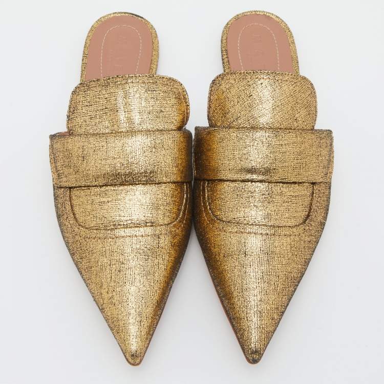 Pre Owned Marni Gold Glitter Suede Rising Sabot Flat Mules Size 39