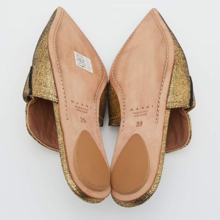 Pre Owned Marni Gold Glitter Suede Rising Sabot Flat Mules Size 39