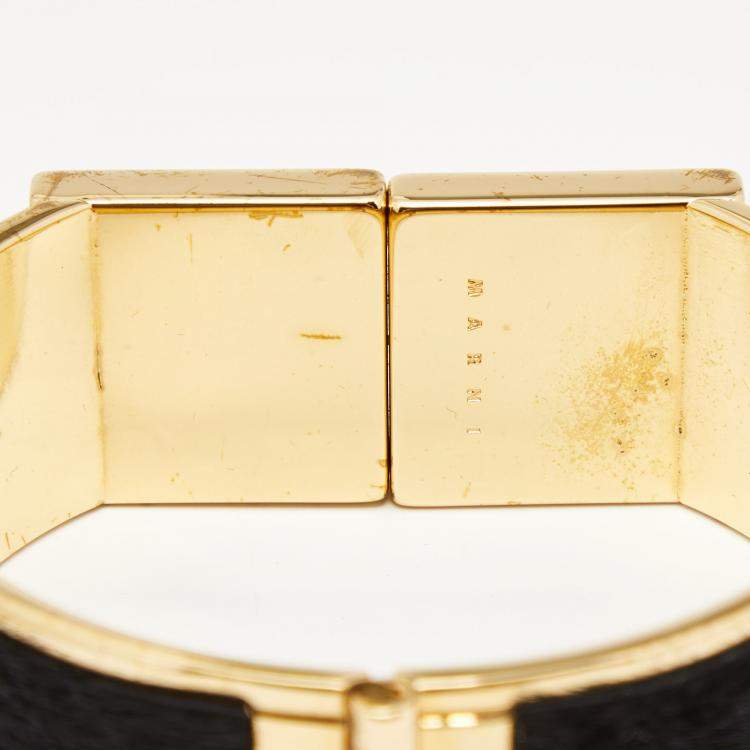 Pre Owned Marni Black Fur Horn Embellished Gold Tone Wide Bracelet