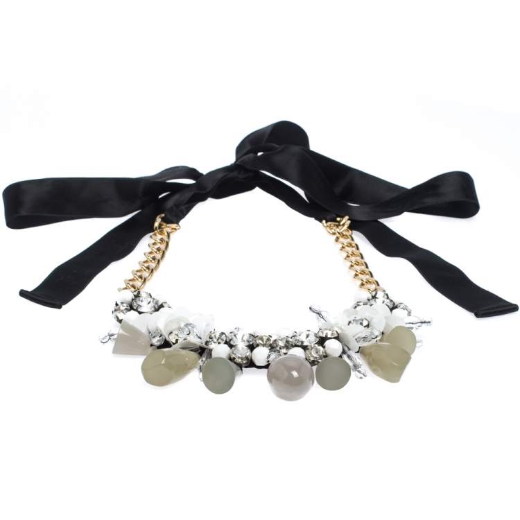 Pre Owned Marni Crystal Bead Embellished Black Ribbon Statement Tie-up Necklace