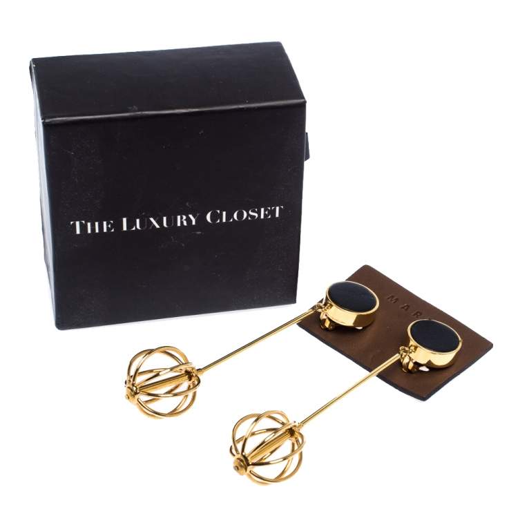Pre Owned Marni Leather Gold Tone Long Statement Clip-on Earrings