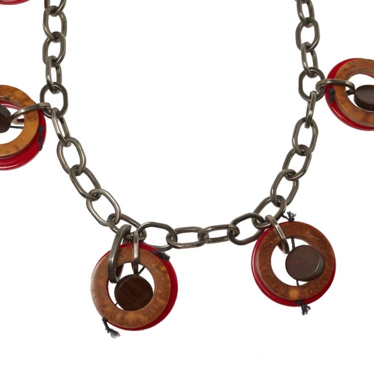 Pre Owned Marni Red Resin and Wood Leather Tag Necklace