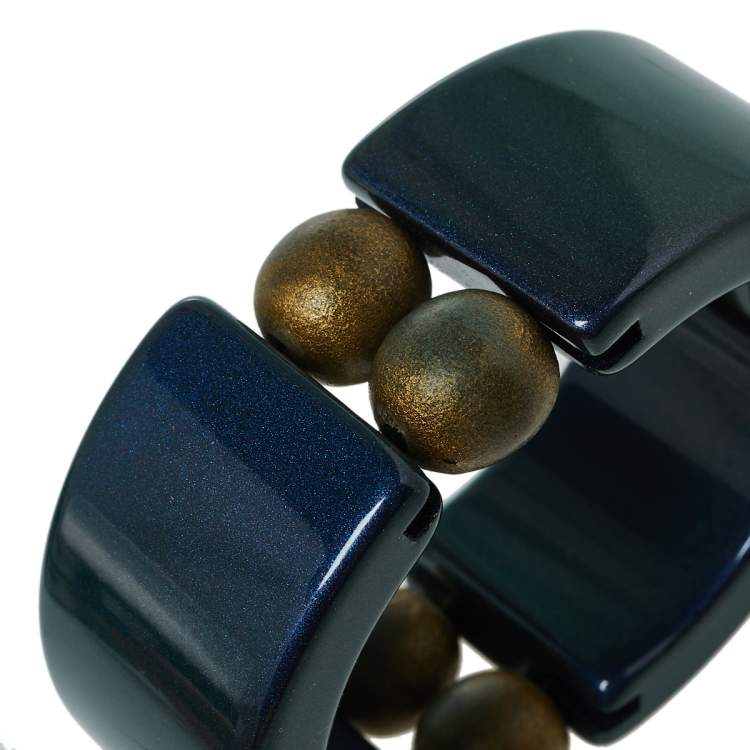 Pre Owned Marni Metallic Blue Resin Beaded Wide Bracelet