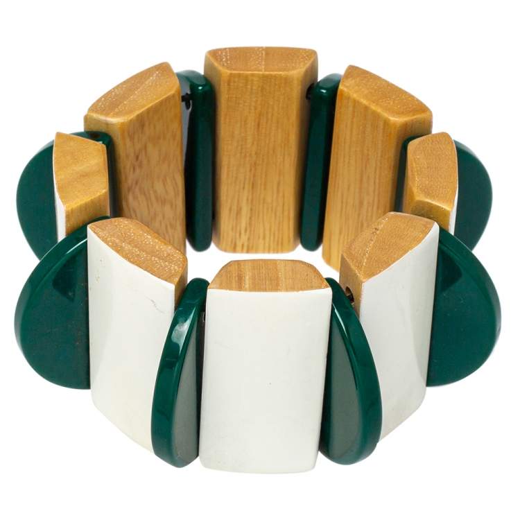 Pre Owned Marni White/Green Resin Wooden Stretch Bracelet