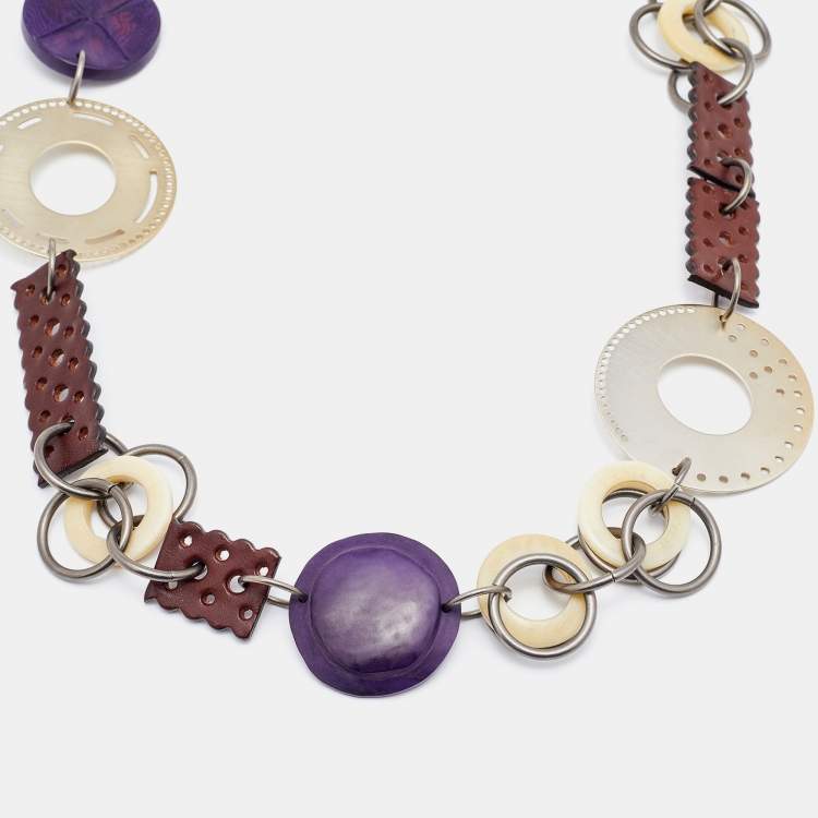 Pre Owned Marni Two-Tone Leather & Wood Chain Link Statement Necklace